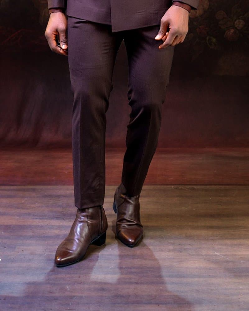 Chocolate pleated wool trousers.